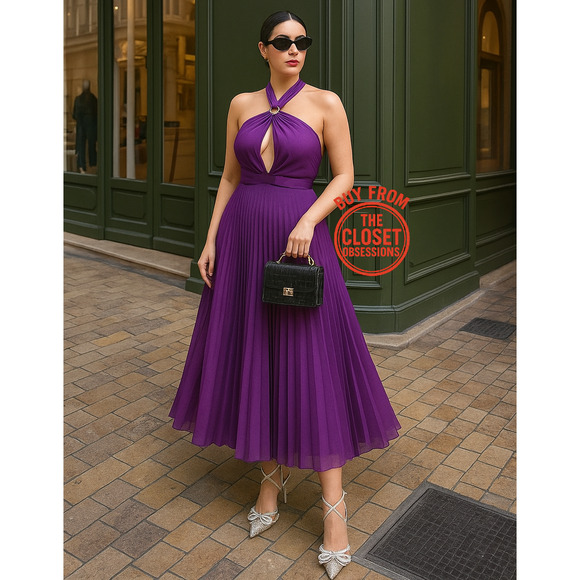 ZARA Purple Halter Pleated Midi Dress NWT Gold Buckle Cutout, Size L, XL - Picture 5 of 16